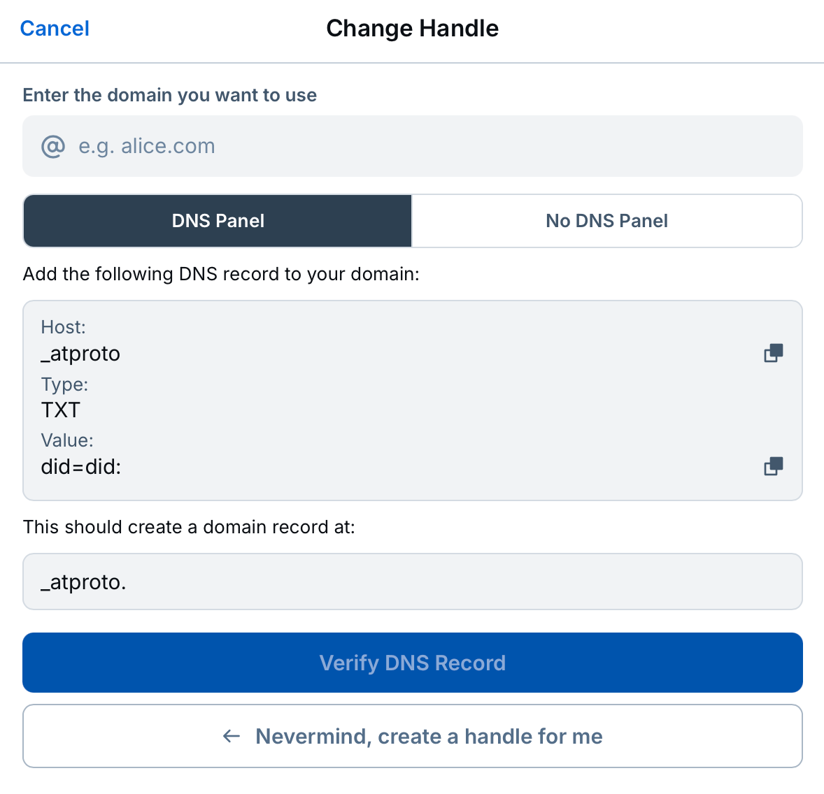 Change Handle
    Enter the domain you want to use
    @ e.g. alice.com
    DNS Panel