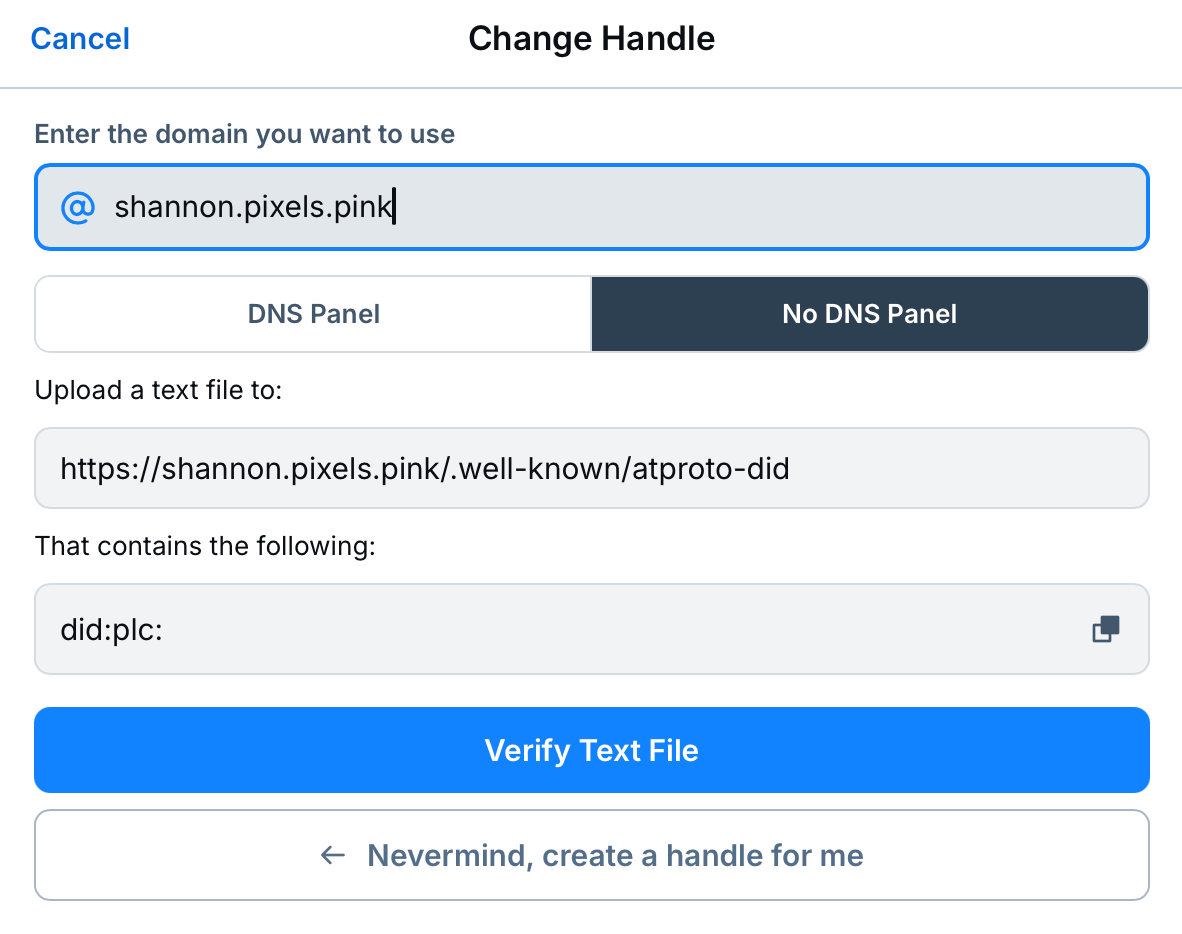 Change Handle
    Enter the domain you want to use
    shannon.pixels.pink
    DNS Panel
    No DNS Panel