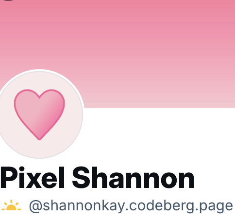 Screenshot of my Bluesky profile showing the display name, Pixel Shannon, with the username @shannonkay.codeberg.page under it.